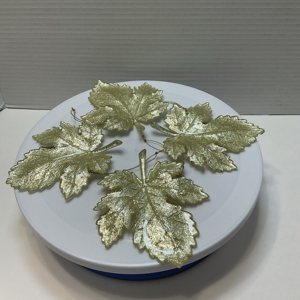 Light Gold Glitter Maple Leaf Ornaments 5‎ 1/2" Christmas Holiday Decoration